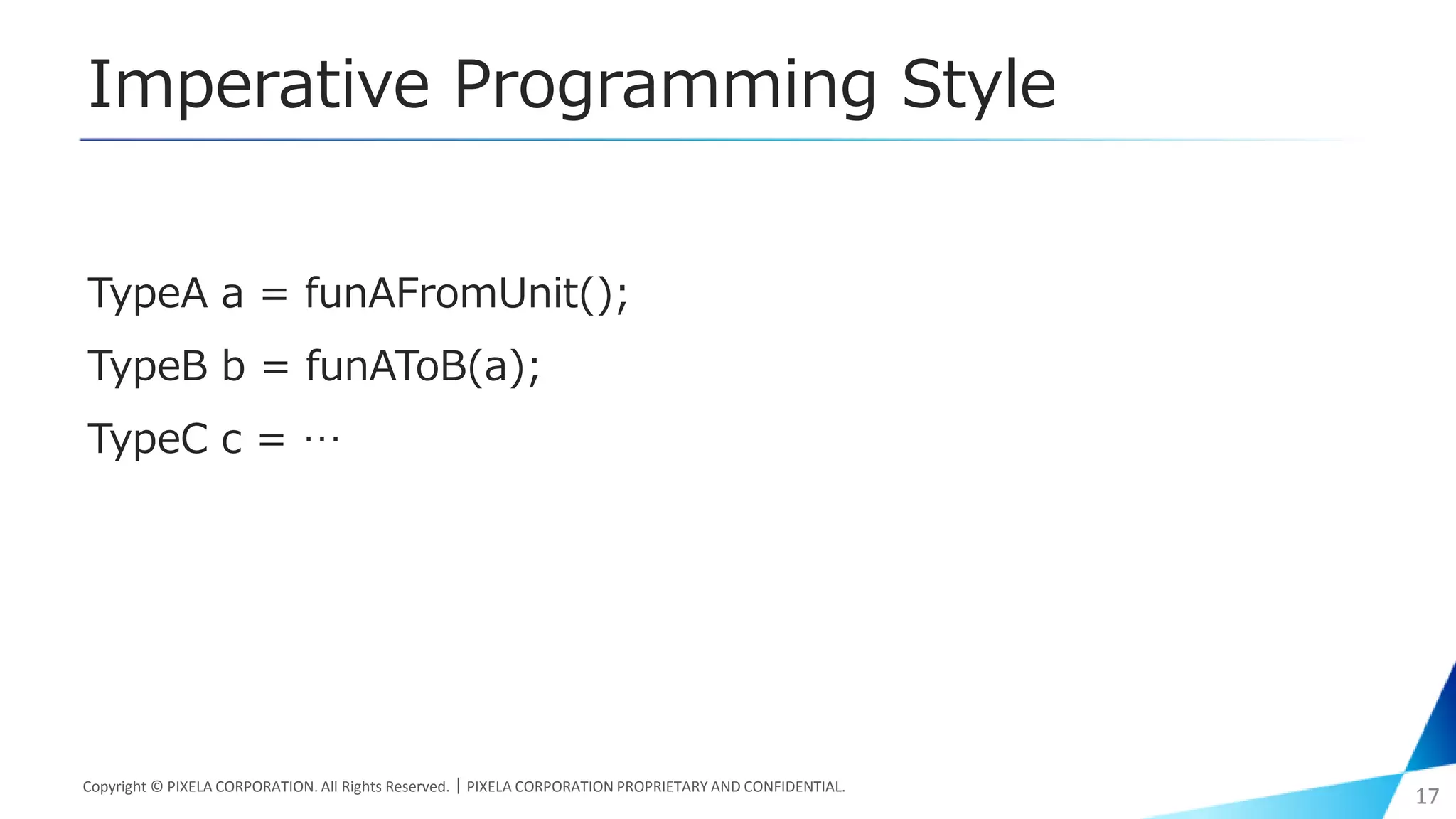 Imperative Programming Style
TypeA a = funAFromUnit();
TypeB b = funAToB(a);
TypeC c = …
Copyright © PIXELA CORPORATION. All Rights Reserved.｜PIXELA CORPORATION PROPRIETARY AND CONFIDENTIAL.
17
 