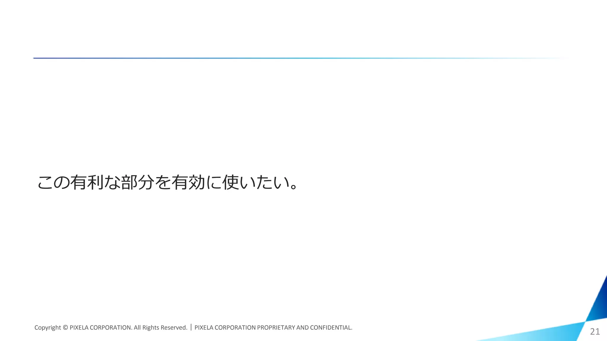 この有利な部分を有効に使いたい。
Copyright © PIXELA CORPORATION. All Rights Reserved.｜PIXELA CORPORATION PROPRIETARY AND CONFIDENTIAL.
21
 