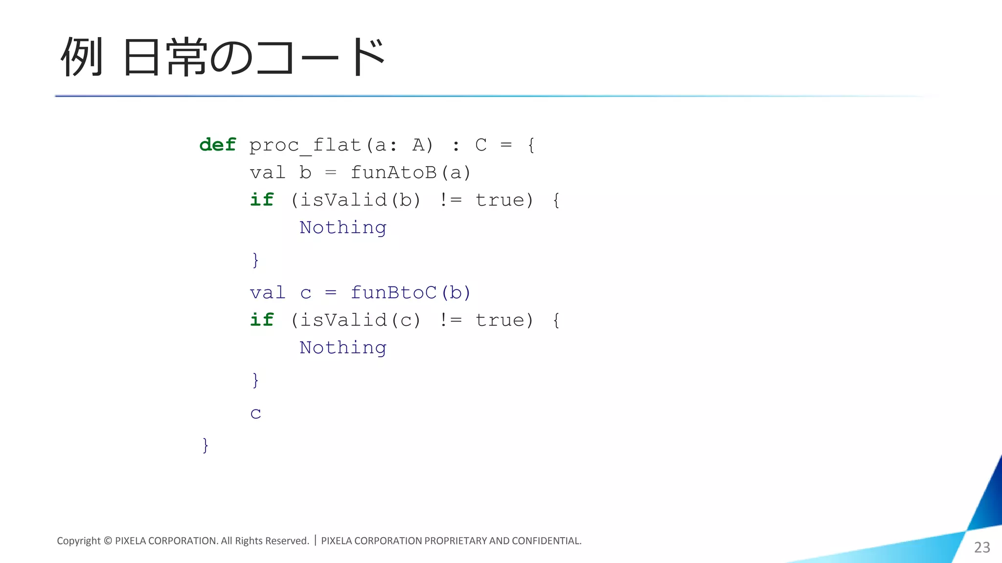 例 日常のコード
Copyright © PIXELA CORPORATION. All Rights Reserved.｜PIXELA CORPORATION PROPRIETARY AND CONFIDENTIAL.
23
def proc_flat(a: A) : C = {
val b = funAtoB(a)
if (isValid(b) != true) {
Nothing
}
val c = funBtoC(b)
if (isValid(c) != true) {
Nothing
}
c
}
 