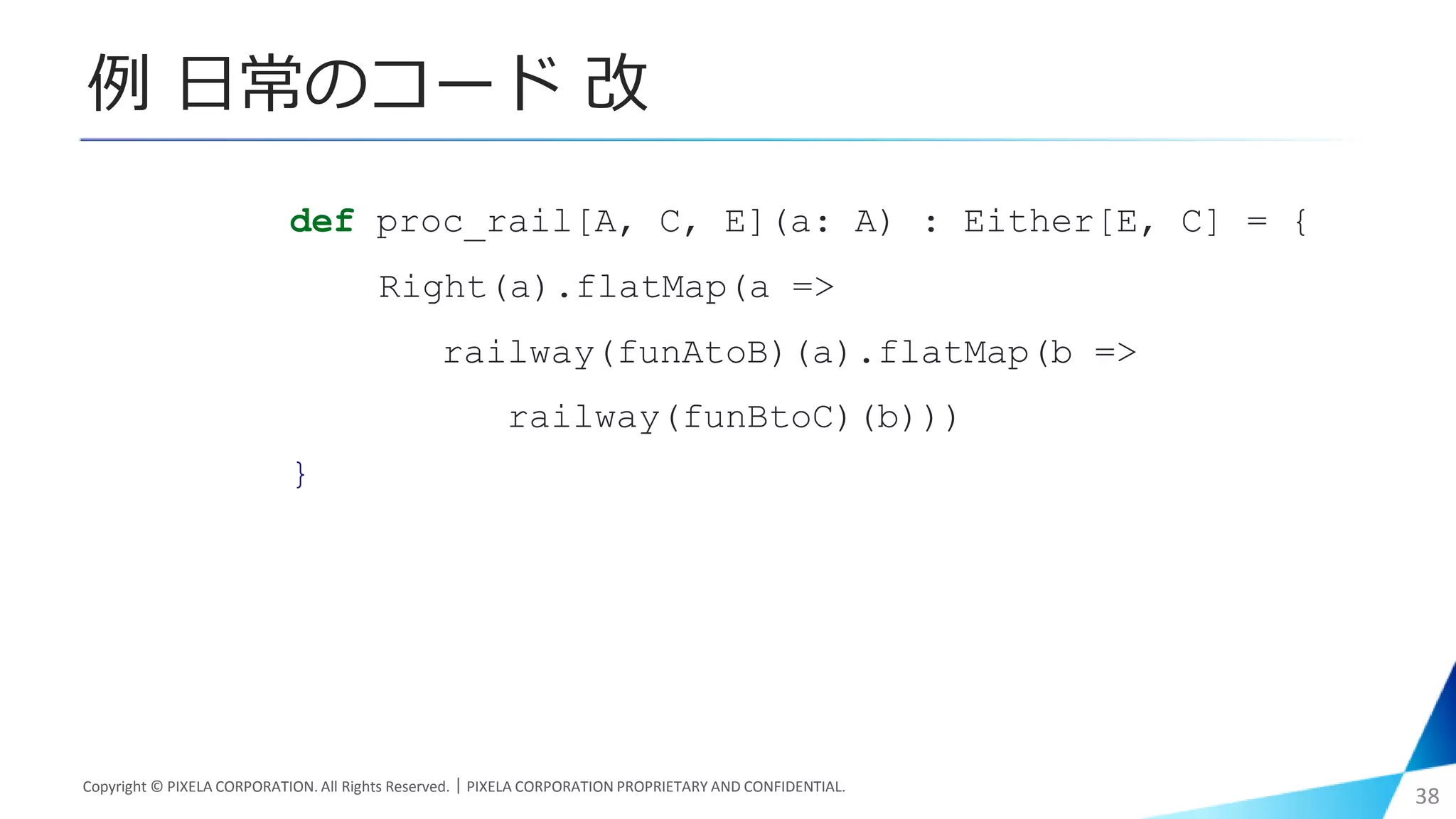 例 日常のコード 改
Copyright © PIXELA CORPORATION. All Rights Reserved.｜PIXELA CORPORATION PROPRIETARY AND CONFIDENTIAL.
38
def proc_rail[A, C, E](a: A) : Either[E, C] = {
Right(a).flatMap(a =>
railway(funAtoB)(a).flatMap(b =>
railway(funBtoC)(b)))
}
 