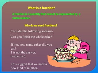 What is a fraction? 
A fraction is a quantity that cannot be represented by a 
whole number. 
Why do we need fractions? 
Consider the following scenario. 
Can you finish the whole cake? 
If not, how many cakes did you 
eat? 
1 is not the answer, 
neither is 0. 
This suggest that we need a 
new kind of number. 
 