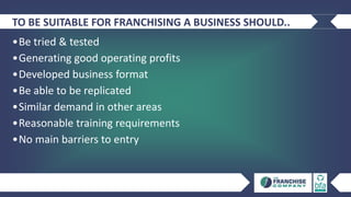 TO BE SUITABLE FOR FRANCHISING A BUSINESS SHOULD..
•Be tried & tested
•Generating good operating profits
•Developed business format
•Be able to be replicated
•Similar demand in other areas
•Reasonable training requirements
•No main barriers to entry
 