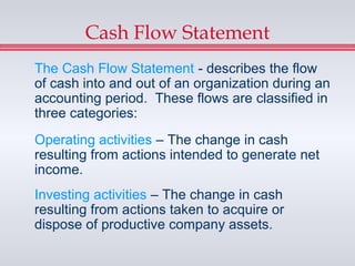 Cash Flow Statement
The Cash Flow Statement - describes the flow
of cash into and out of an organization during an
accounting period. These flows are classified in
three categories:
Operating activities – The change in cash
resulting from actions intended to generate net
income.
Investing activities – The change in cash
resulting from actions taken to acquire or
dispose of productive company assets.
 