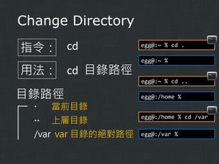 Change Directory
指令： cd
用法： cd 目錄路徑

egg@:~ % cd .
egg@:~ %
egg@:~ % cd ..

目錄路徑
. 當前目錄
.. 上層目錄
/var var 目錄的絕對路徑

egg@:/home %
egg@:/home % cd /var
egg@:/var %

 