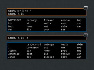 egg@:/var % cd /
egg@:/ % ls
COPYRIGHT
bin
boot
dev

entropy
etc
home
lib

libexec
media
mnt
proc

rescue
root
sbin
sys

tmp
usr
var

entropy
etc
home
lib
libexec

media
mnt
proc
rescue
root

sbin
sys
tmp
usr
var

egg@:/ % ls -a
.
..
.cshrc
.profile
.snap

.sujournal
COPYRIGHT
bin
boot
dev

 