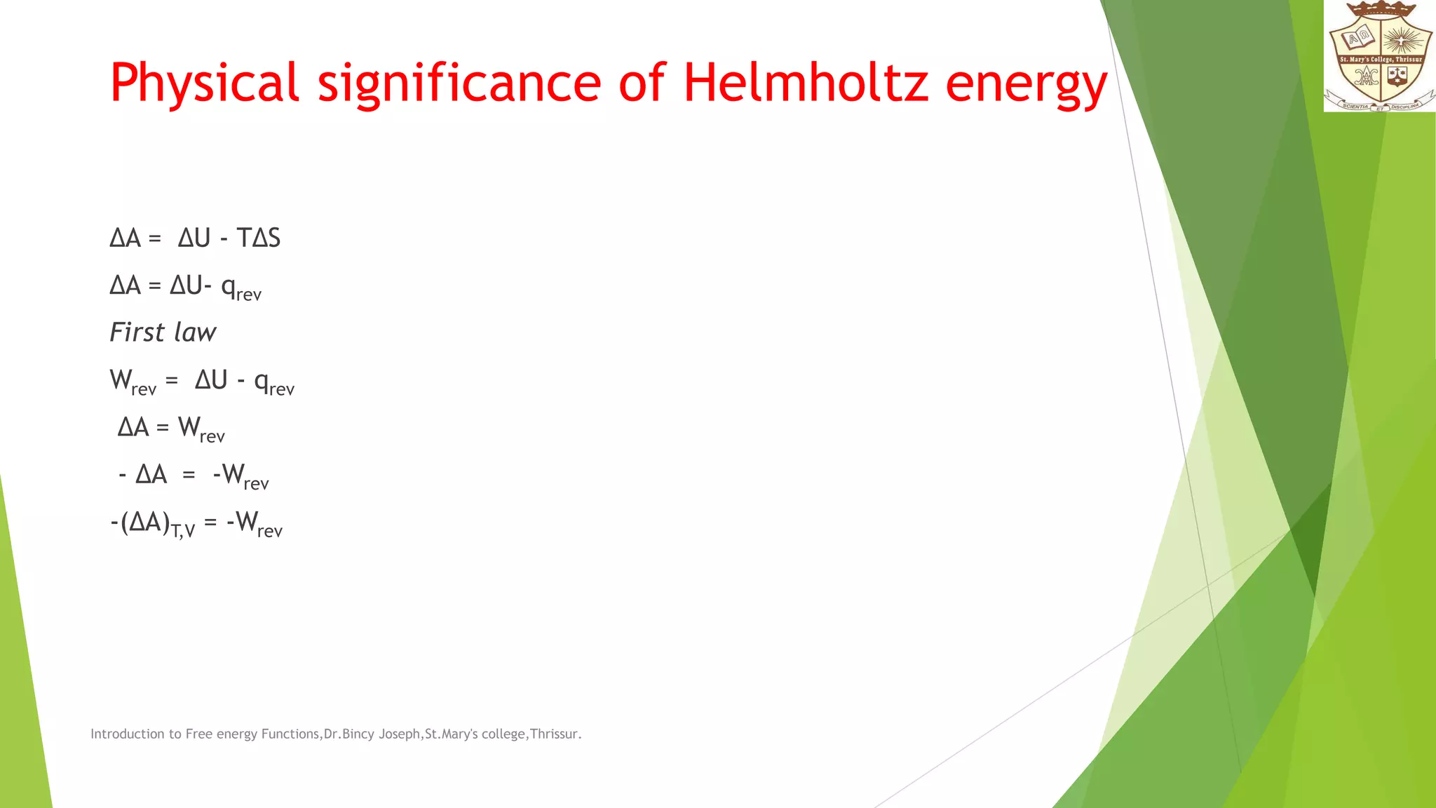 Physical significance of Helmholtz energy
ΔA = ΔU - TΔS
ΔA = ΔU- qrev
First law
Wrev = ΔU - qrev
ΔA = Wrev
- ΔA = -Wrev
-(ΔA)T,V = -Wrev
Introduction to Free energy Functions,Dr.Bincy Joseph,St.Mary's college,Thrissur.
 