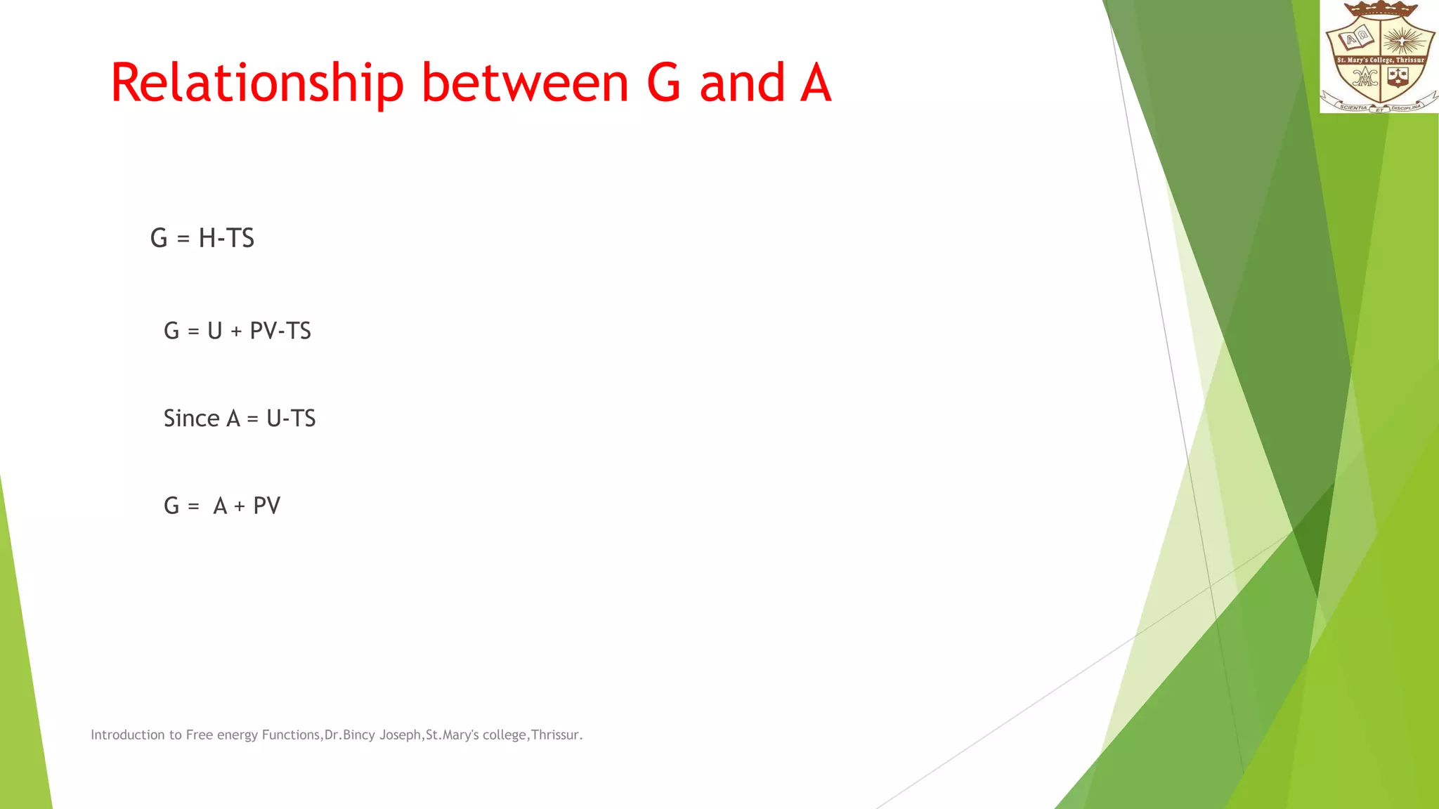 Relationship between G and A
G = H-TS
G = U + PV-TS
Since A = U-TS
G = A + PV
Introduction to Free energy Functions,Dr.Bincy Joseph,St.Mary's college,Thrissur.
 