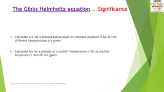 The Gibbs Helmholtz equation…..Significance
 Calculate ΔH for a process taking place at constant pressure if ΔG at two
different temperatures are given.
 Calculate ΔG for a process at a certain temperature if ΔG at another
temperature and ΔH are given.
Introduction to Free energy Functions,Dr.Bincy Joseph,St.Mary's college,Thrissur.
 