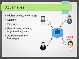 Advantages
● Higher quality, fewer bugs
● Stability
● Security
● Few viruses, adware,
trojan and spyware
● Available in many
languages
Found
a bug
 