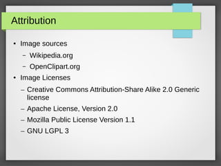 Attribution
● Image sources
– Wikipedia.org
– OpenClipart.org
● Image Licenses
– Creative Commons Attribution-Share Alike 2.0 Generic
license
– Apache License, Version 2.0
– Mozilla Public License Version 1.1
– GNU LGPL 3
 