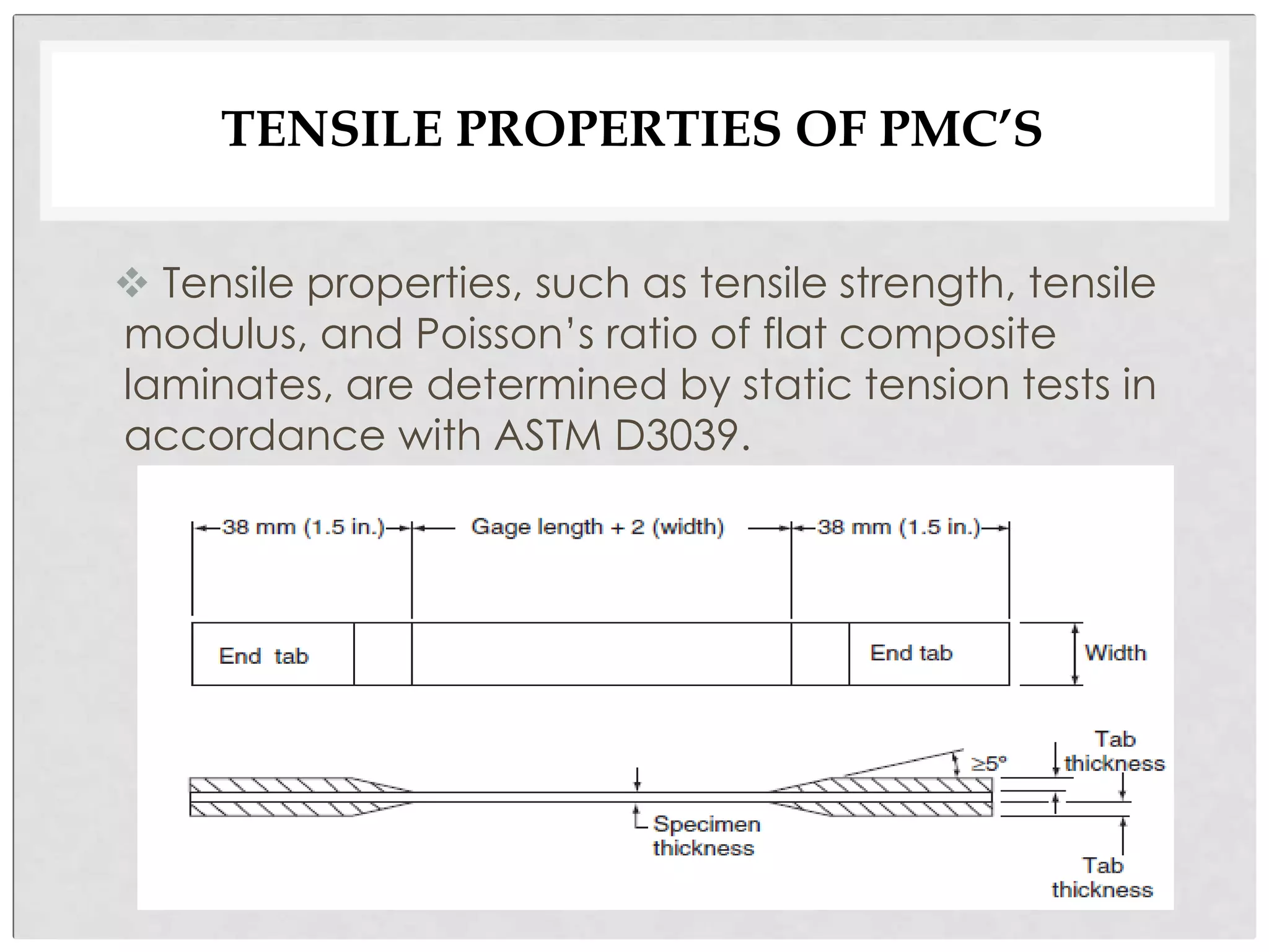 TENSILE PROPERTIES OF PMC’S
 Tensile properties, such as tensile strength, tensile
modulus, and Poisson’s ratio of flat composite
laminates, are determined by static tension tests in
accordance with ASTM D3039.
 