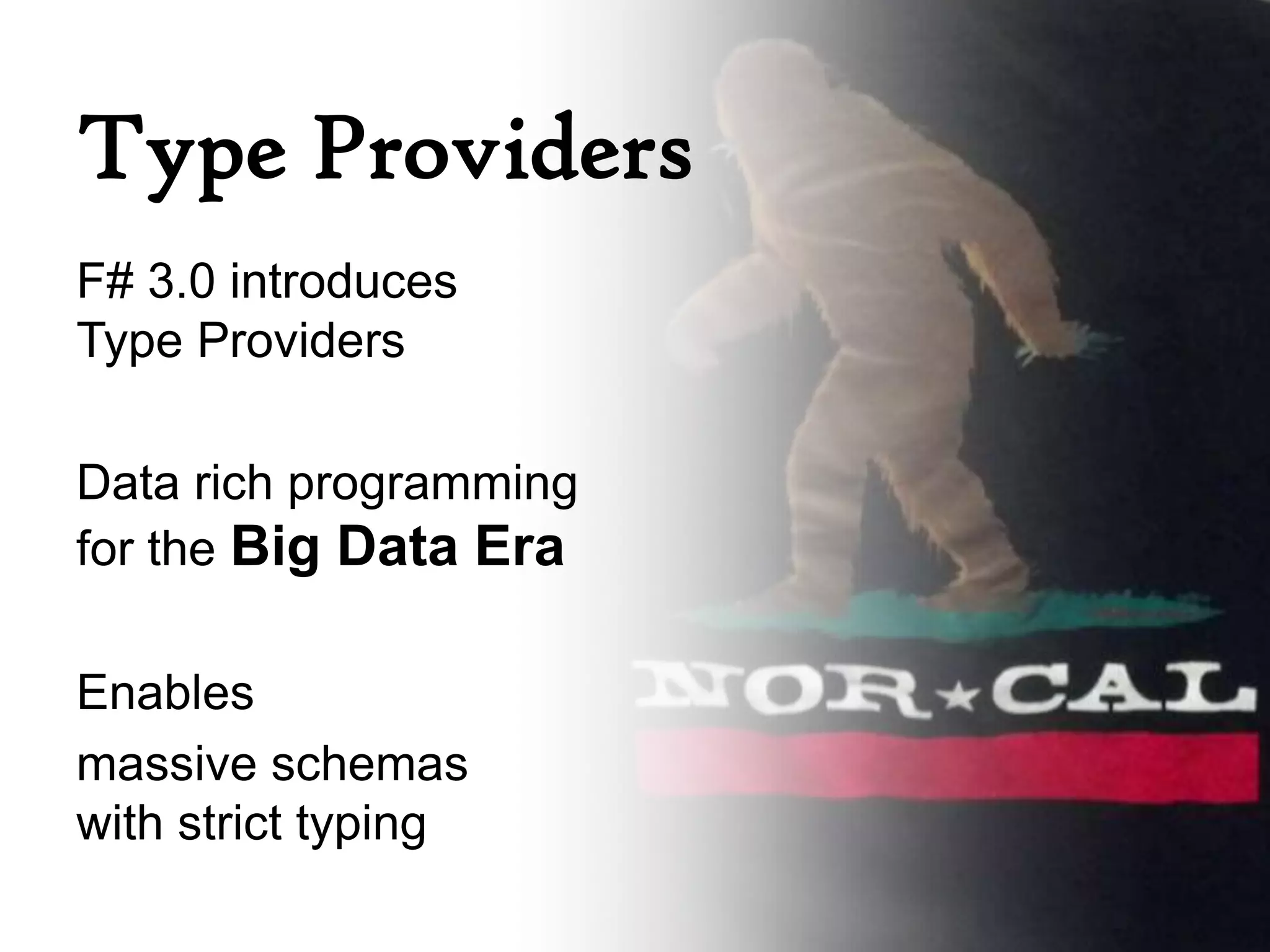 Type Providers
F# 3.0 introduces
Type Providers

Data rich programming
for the Big Data Era

Enables
massive schemas
with strict typing
 