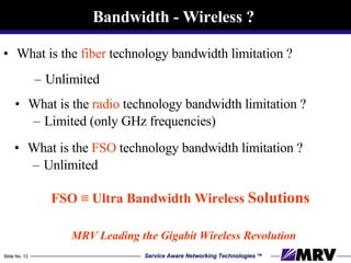 Bandwidth - Wireless ?   What is the  fiber  technology bandwidth limitation ? Unlimited What is the  radio  technology bandwidth limitation ? Limited (only GHz frequencies)  What is the  FSO  technology bandwidth limitation ? Unlimited FSO ≡ Ultra Bandwidth Wireless  Solutions MRV Leading the Gigabit Wireless Revolution  