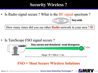 Security Wireless ?  Is Radio signal secure ? What is the  RF signal  spectrum ?  Very wide How many times did you see other  Radio  network in your area ?     FSO ≡ Most Secure Wireless Solutions Very narrow and directional  mrad divergence Range = R = 1000 m = 1 km ~2 m Is TereScope FSO signal secure ?  