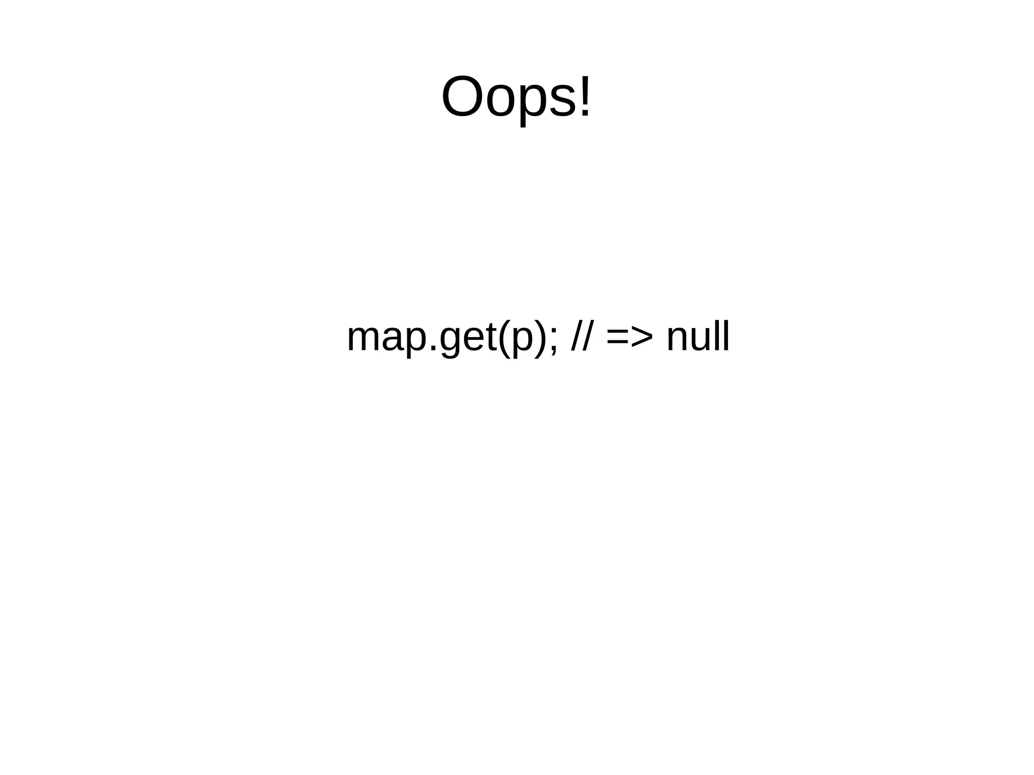 Oops! map.get(p); // => null 