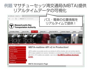 例題 マサチューセッツ湾交通局(MBTA)提供
リアルタイムデータの可視化
バス・電車の位置情報を
リアルタイムで提供！
 
