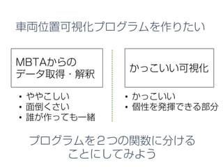 車両位置可視化プログラムを作りたい
MBTAからの
データ取得・解釈
かっこいい可視化
• ややこしい
• 面倒くさい
• 誰が作っても一緒
プログラムを２つの関数に分ける
ことにしてみよう
• かっこいい
• 個性を発揮できる部分
 