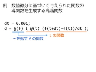 dt = 0.001;
d = @(f) ( @(t) (f(t+dt)-f(t))/dt );
t の関数
…を返す f の関数
例 数値微分に基づいて与えられた関数の
導関数を生成する高階関数
 