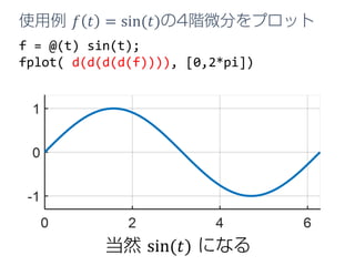 f = @(t) sin(t);
fplot( d(d(d(d(f)))), [0,2*pi])
使用例 𝑓𝑓 𝑡𝑡 = sin(𝑡𝑡)の4階微分をプロット
当然 sin(𝑡𝑡) になる
 