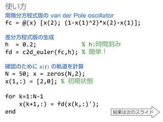 常微分方程式版の van der Pole oscillator
fc = @(x) [x(2); (1-x(1)^2)*x(2)-x(1)];
差分方程式版の生成
h = 0.2; % h:時間刻み
fd = c2d_euler(fc,h); % 簡単！
確認のために 𝒙𝒙(𝒕𝒕) の軌道を計算
N = 50; x = zeros(N,2);
x(1,:) = [2,0]; % 初期状態
for k=1:N-1
x(k+1,:) = fd(x(k,:)');
end 結果は次のスライド
使い方
 