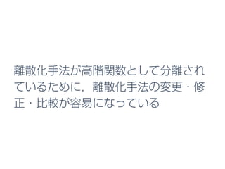 離散化手法が高階関数として分離され
ているために，離散化手法の変更・修
正・比較が容易になっている
 