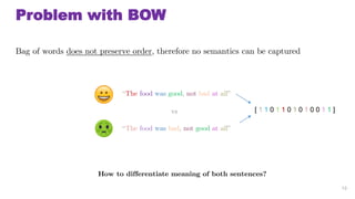 Problem with BOW
Bag of words does not preserve order, therefore no semantics can be captured
13
The food was good, not bad at all
The food was bad, not good at all
vs
How to differentiate meaning of both sentences?
[ 1 1 0 1 1 0 1 0 1 0 0 1 1 ]
 