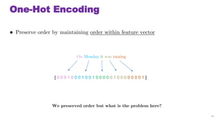 One-Hot Encoding
 Preserve order by maintaining order within feature vector
14
On Monday it was raining
[ 0 0 0 1 0 0 0 1 0 0 1 0 0 0 0 0 1 0 0 0 0 0 0 0 1 ]
We preserved order but what is the problem here?
 