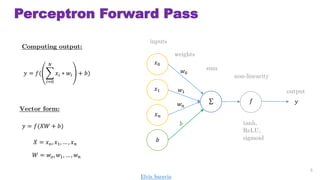 Perceptron Forward Pass
5
 ?
non-linearity
sum
weights
inputs
?0
?1
? ?
?
?0
?1
? ?
?
?
output
? = ?(
?=0
?
?? ? ?? + ?)
Computing output:
? = ?(?? + ?)
? = ? ?, ?1,  , ? ?
? = ? ?, ?1,  , ? ?
tanh,
ReLU,
sigmoid
Vector form:
Elvis Saravia
 