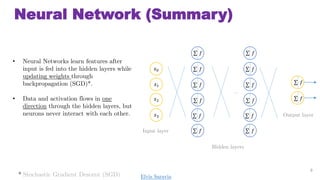 Neural Network (Summary)
? Neural Networks learn features after
input is fed into the hidden layers while
updating weights through
backpropagation (SGD)*.
? Data and activation flows in one
direction through the hidden layers, but
neurons never interact with each other.
8
Output layer
Hidden layers
Input layer
 ?
 ?
 ?
 ?
 ?
 ?
 ?
 ?
?0
?1
?2
?3
 ?
 ?
 ?
 ?
 ?
 ?

* Stochastic Gradient Descent (SGD) Elvis Saravia
 