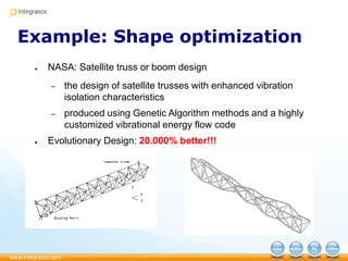 Example: Shape optimization
● NASA: Satellite truss or boom design
– the design of satellite trusses with enhanced vibration
isolation characteristics
– produced using Genetic Algorithm methods and a highly
customized vibrational energy flow code
● Evolutionary Design: 20.000% better!!!
 