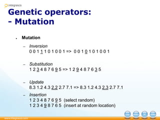 Genetic operators:
- Mutation
● Mutation
– Inversion
0 0 1 1 1 0 1 0 0 1 => 0 0 1 0 1 0 1 0 0 1
– Substitution
1 2 3 4 8 7 6 9 5 => 1 2 9 4 8 7 6 3 5
– Update
8.3 1.2 4.3 2.2 2.7 7.1 => 8.3 1.2 4.3 2.3 2.7 7.1
– Insertion
1 2 3 4 8 7 6 9 5 (select random)
1 2 3 4 9 8 7 6 5 (insert at random location)
 