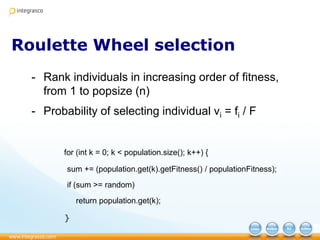 Roulette Wheel selection
- Rank individuals in increasing order of fitness,
from 1 to popsize (n)
- Probability of selecting individual vi = fi / F
for (int k = 0; k < population.size(); k++) {
sum += (population.get(k).getFitness() / populationFitness);
if (sum >= random)
return population.get(k);
}
 