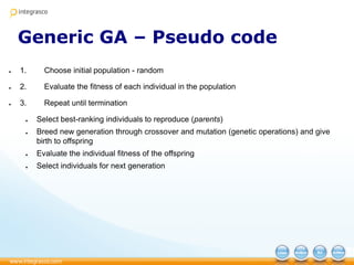 Generic GA – Pseudo code
● 1. Choose initial population - random
● 2. Evaluate the fitness of each individual in the population
● 3. Repeat until termination
● Select best-ranking individuals to reproduce (parents)
● Breed new generation through crossover and mutation (genetic operations) and give
birth to offspring
● Evaluate the individual fitness of the offspring
● Select individuals for next generation
 
