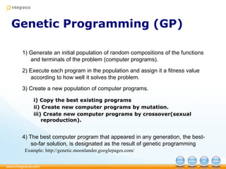 Genetic Programming (GP)
Example: http://genetic.moonlander.googlepages.com/
1) Generate an initial population of random compositions of the functions
and terminals of the problem (computer programs).
2) Execute each program in the population and assign it a fitness value
according to how well it solves the problem.
3) Create a new population of computer programs.
i) Copy the best existing programs
ii) Create new computer programs by mutation.
iii) Create new computer programs by crossover(sexual
reproduction).
4) The best computer program that appeared in any generation, the best-
so-far solution, is designated as the result of genetic programming
 