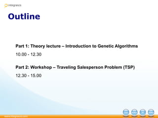 Outline
Part 1: Theory lecture – Introduction to Genetic Algorithms
10.00 - 12.30
Part 2: Workshop – Traveling Salesperson Problem (TSP)
12.30 - 15.00
 