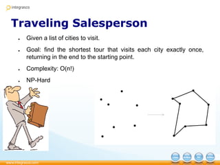 Traveling Salesperson
● Given a list of cities to visit.
● Goal: find the shortest tour that visits each city exactly once,
returning in the end to the starting point.
● Complexity: O(n!)
● NP-Hard
 