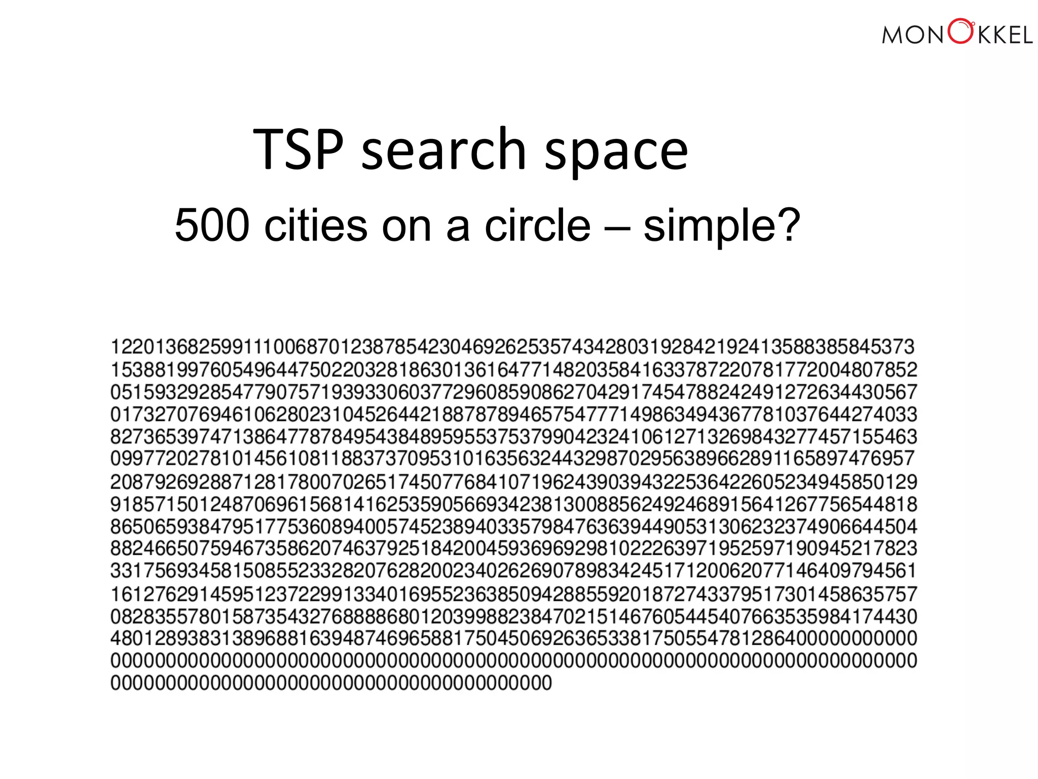 TSP search space 500 cities on a circle – simple? Possible solutions? 500! 