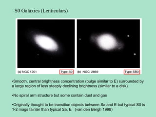 S0 Galaxies (Lenticulars)
•Smooth, central brightness concentration (bulge similar to E) surrounded by
a large region of less steeply declining brightness (similar to a disk)
•No spiral arm structure but some contain dust and gas
•Originally thought to be transition objects between Sa and E but typical S0 is
1-2 mags fainter than typical Sa, E (van den Bergh 1998)
 