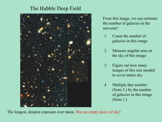 The Hubble Deep Field
The longest, deepest exposure ever taken. Was an empty piece of sky!
From this image, we can estimate
the number of galaxies in the
universe!
1. Count the number of
galaxies in this image
2. Measure angular area on
the sky of this image
3. Figure out how many
images of this size needed
to cover entire sky
4. Multiply that number
(from 3.) by the number
of galaxies in this image
(from 1.)
 
