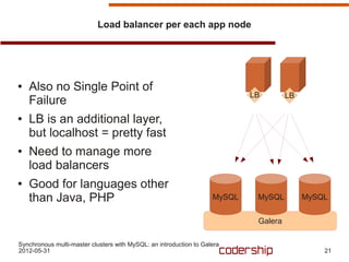 Load balancer per each app node




●   Also no Single Point of
                                                                            LB        LB
    Failure
●   LB is an additional layer,
    but localhost = pretty fast
●   Need to manage more
    load balancers
●   Good for languages other
    than Java, PHP                                                  MySQL    MySQL         MySQL


                                                                             Galera

Synchronous multi-master clusters with MySQL: an introduction to Galera
2012-05-31                                                                                     21
 