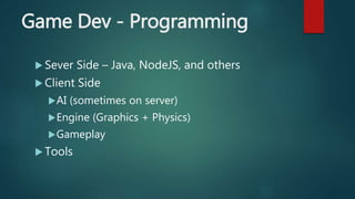 Game Dev - Programming
 Sever Side – Java, NodeJS, and others
 Client Side
AI (sometimes on server)
Engine (Graphics + Physics)
Gameplay
 Tools
 