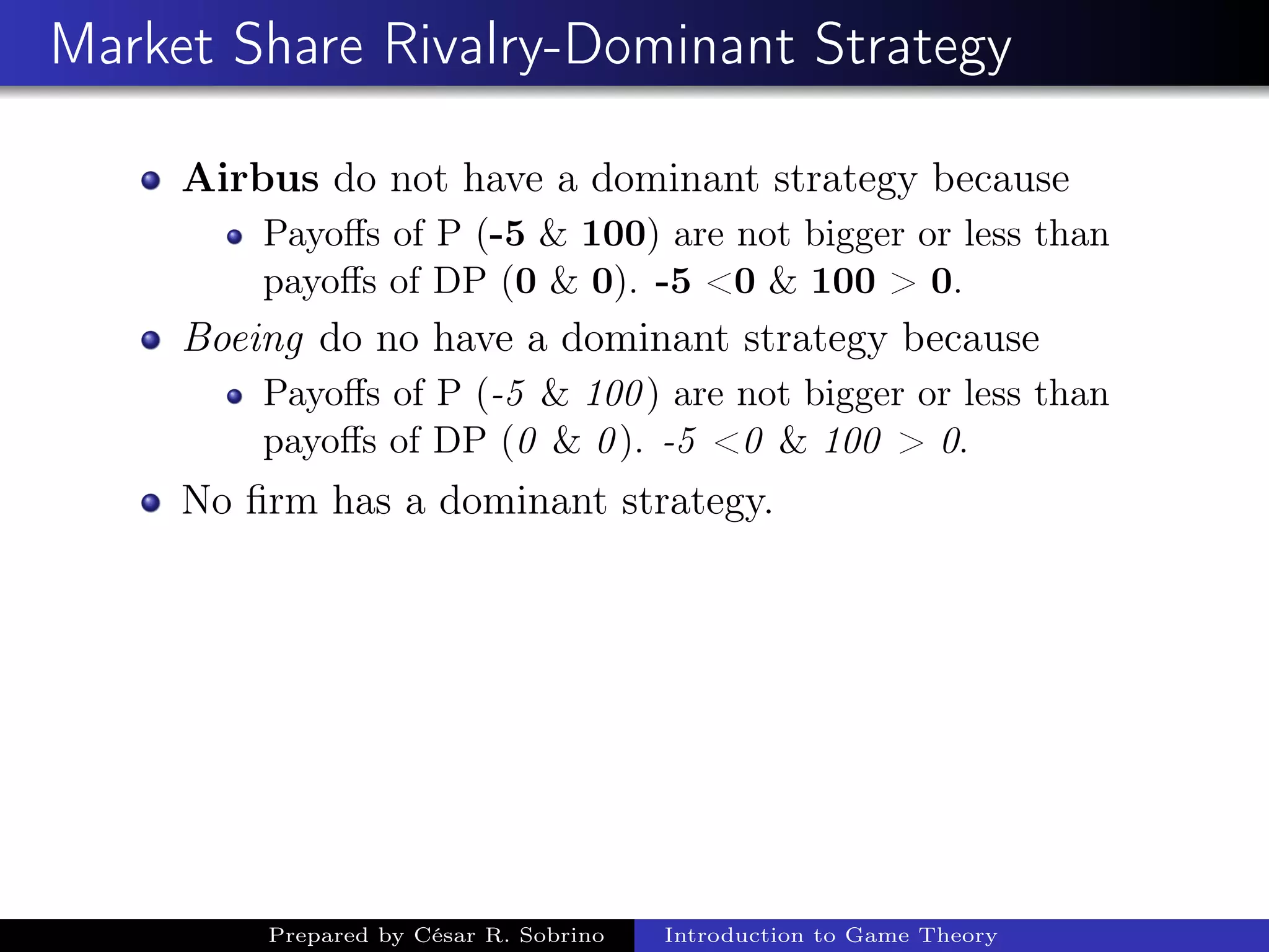 Market Share Rivalry-Dominant Strategy
Airbus do not have a dominant strategy because
Payoﬀs of P (-5 & 100) are not bigger or less than
payoﬀs of DP (0 & 0). -5 <0 & 100 > 0.
Boeing do no have a dominant strategy because
Payoﬀs of P (-5 & 100) are not bigger or less than
payoﬀs of DP (0 & 0). -5 <0 & 100 > 0.
No ﬁrm has a dominant strategy.
Prepared by César R. Sobrino Introduction to Game Theory
 