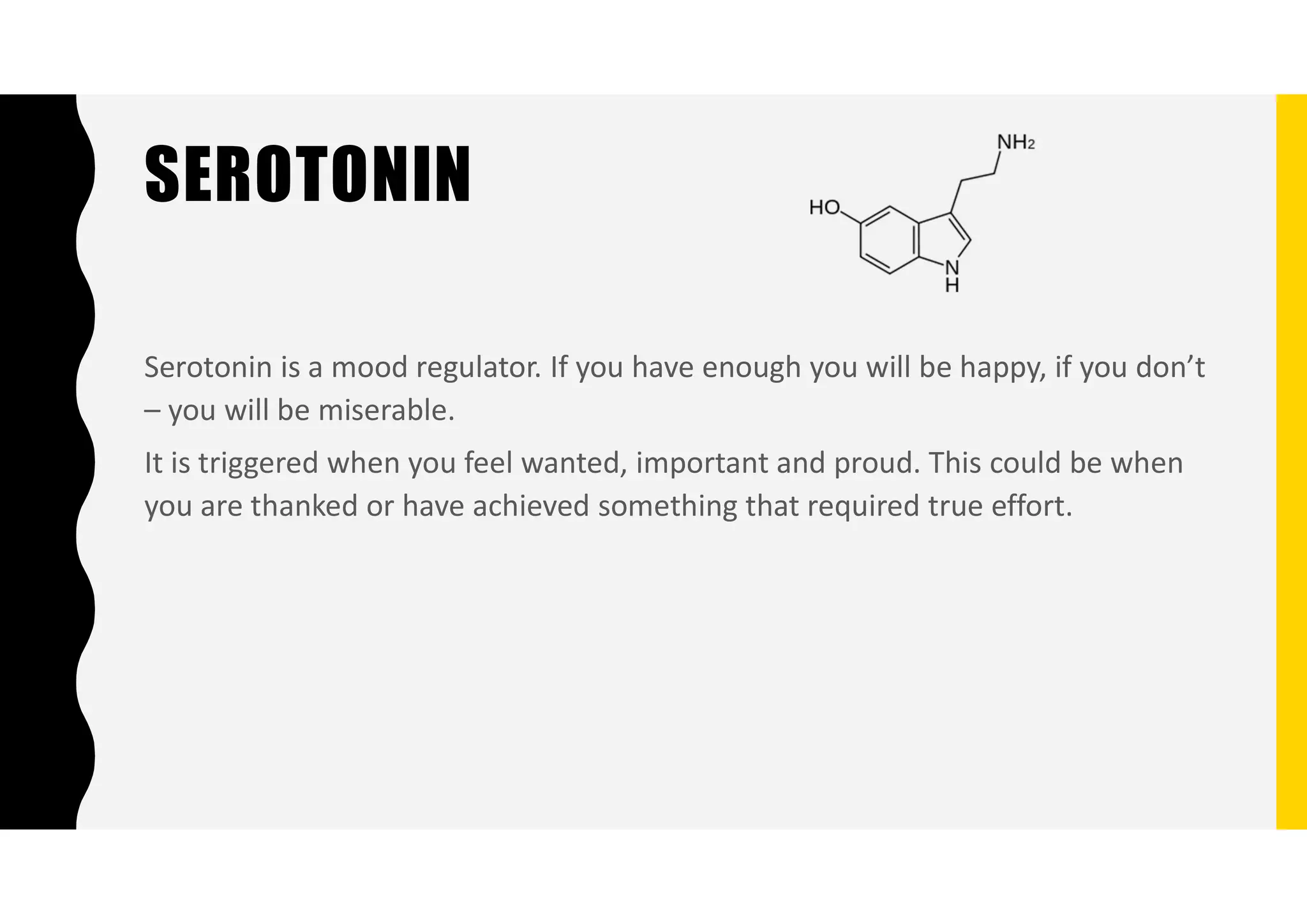 SEROTONIN
Serotonin is a mood regulator. If you have enough you will be happy, if you don’t
– you will be miserable.
It is triggered when you feel wanted, important and proud. This could be when
you are thanked or have achieved something that required true effort.
 