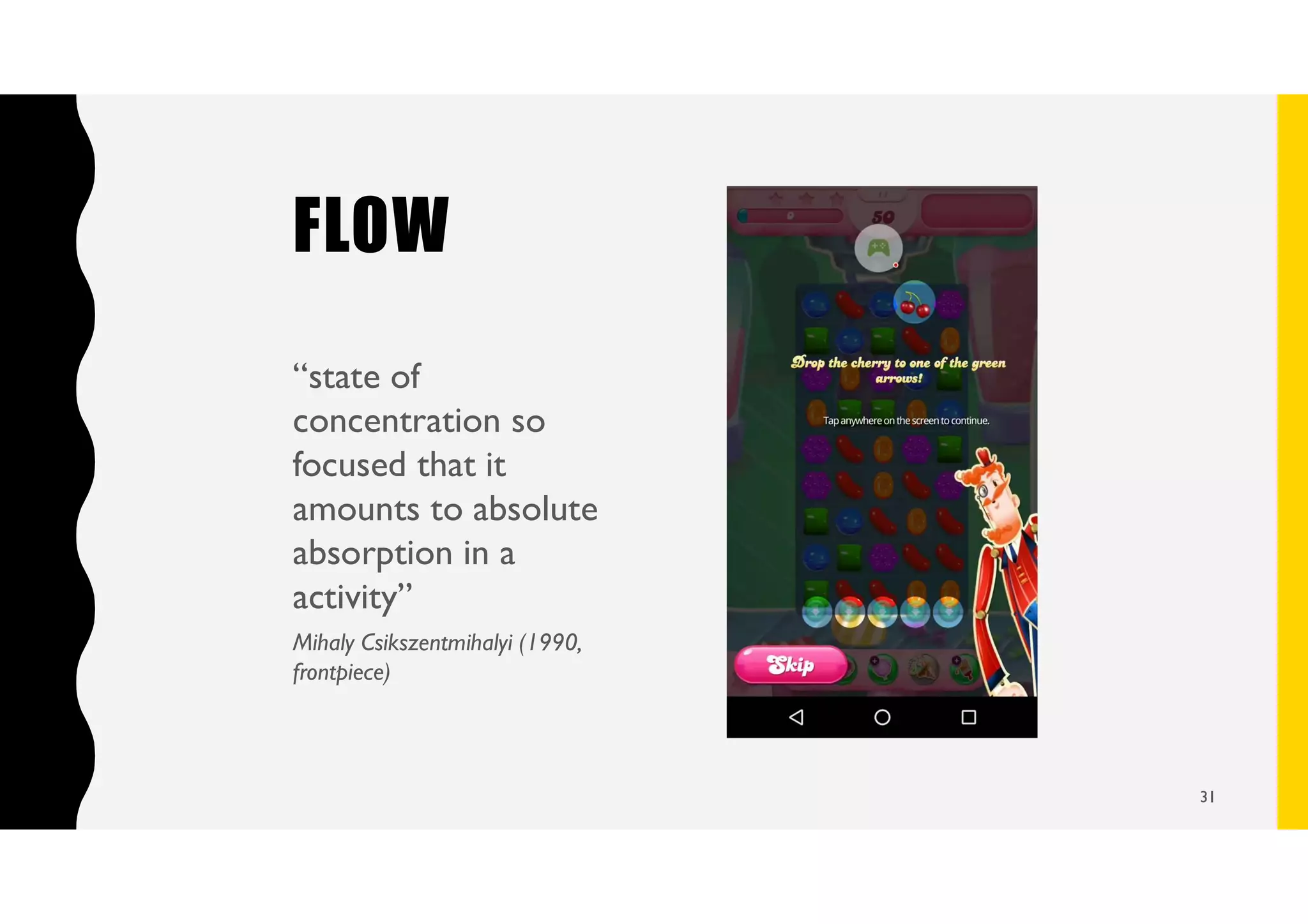 FLOW
“state of
concentration so
focused that it
amounts to absolute
absorption in a
activity”
Mihaly Csikszentmihalyi (1990,
frontpiece)
31
 