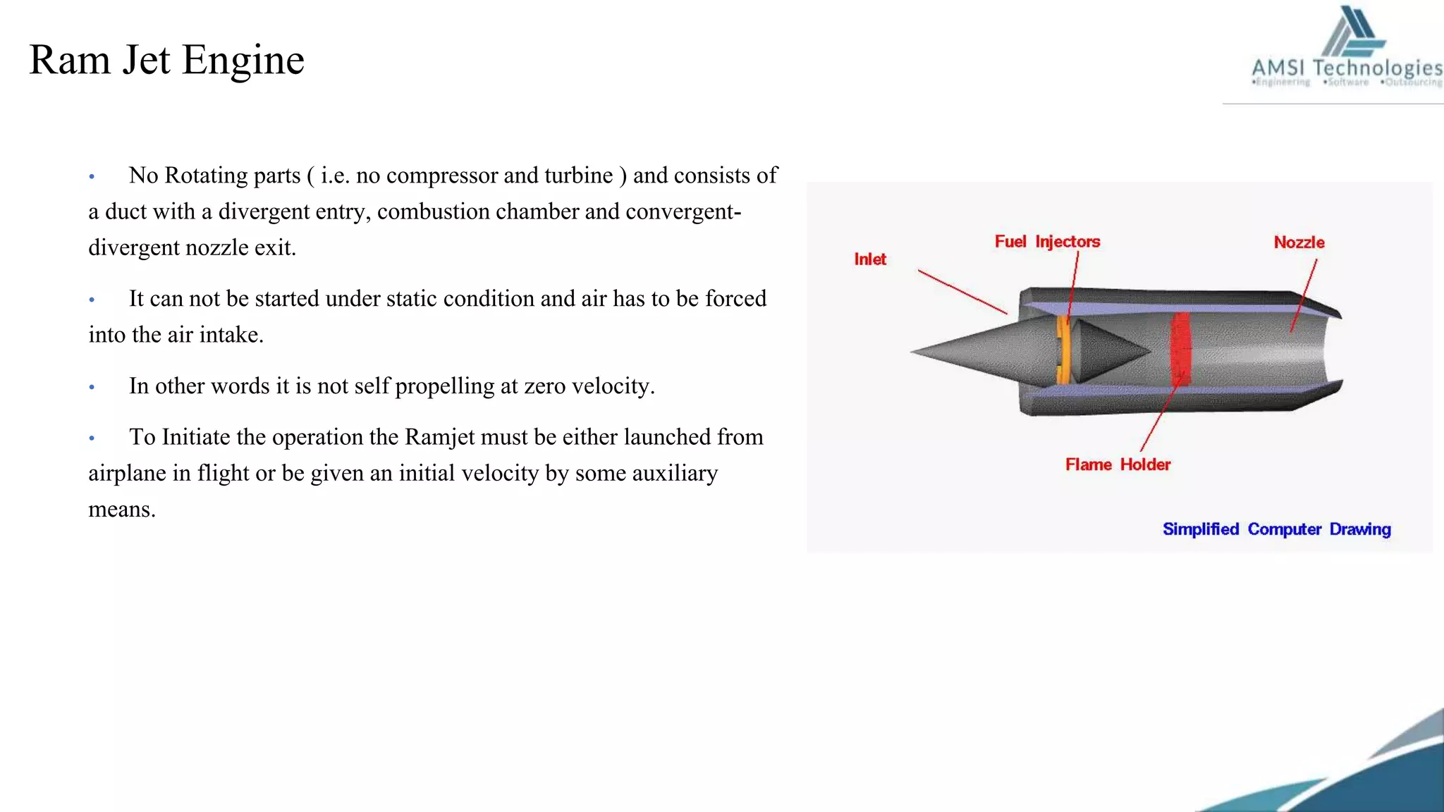 • No Rotating parts ( i.e. no compressor and turbine ) and consists of
a duct with a divergent entry, combustion chamber and convergent-
divergent nozzle exit.
• It can not be started under static condition and air has to be forced
into the air intake.
• In other words it is not self propelling at zero velocity.
• To Initiate the operation the Ramjet must be either launched from
airplane in flight or be given an initial velocity by some auxiliary
means.
Ram Jet Engine
 