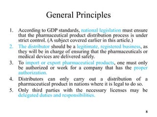 General Principles
1. According to GDP standards, national legislation must ensure
that the pharmaceutical product distrib...