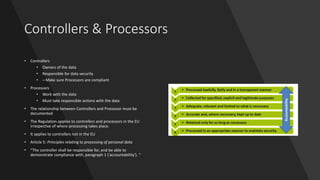 Controllers & Processors
• Controllers
• Owners of the data
• Responsible for data security
• – Make sure Processors are compliant
• Processors
• Work with the data
• Must take responsible actions with the data
• The relationship between Controllers and Processor must be
documented
• The Regulation applies to controllers and processors in the EU
irrespective of where processing takes place.
• It applies to controllers not in the EU
• Article 5: Principles relating to processing of personal data
• “The controller shall be responsible for, and be able to
demonstrate compliance with, paragraph 1 ('accountability'). “
 