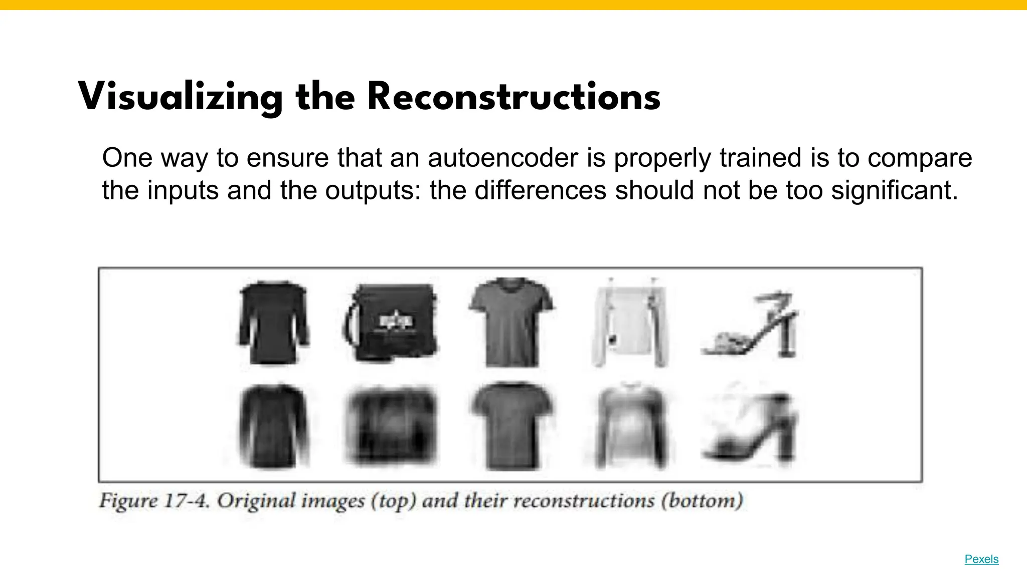 Visualizing the Reconstructions
Photo by Pexels
One way to ensure that an autoencoder is properly trained is to compare
the inputs and the outputs: the differences should not be too significant.
 