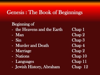 Genesis : The Book of Beginnings
Beginning of
- the Heavens and the Earth Chap 1
- Man Chap 2
- Sin Chap 3
- Murder and Death Chap 4
- Marriage Chap 2
- Nations Chap 10
- Languages Chap 11
- Jewish History, Abraham Chap 12
 