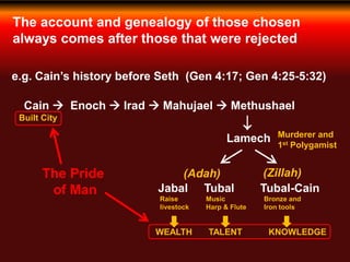 The account and genealogy of those chosen
always comes after those that were rejected
e.g. Cain’s history before Seth (Gen 4:17; Gen 4:25-5:32)

Lamech
Jabal
Raise
livestock
Tubal
Music
Harp & Flute
(Adah) (Zillah)
Tubal-Cain
Bronze and
Iron tools
Murderer and
1st Polygamist
Cain  Enoch  Irad  Mahujael  Methushael
Built City
The Pride
of Man
WEALTH TALENT KNOWLEDGE
 